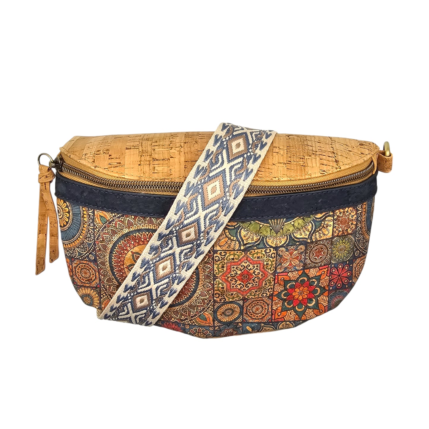 Damen Sling Bag aus Kork Halbmondförmige Brusttasche Vegan Gürteltasche mit abnehmbarem bunt gemustertem Schultergurt breiter Baumwoll-Schultergurt veganes Leder Portemonnaie Handtasche