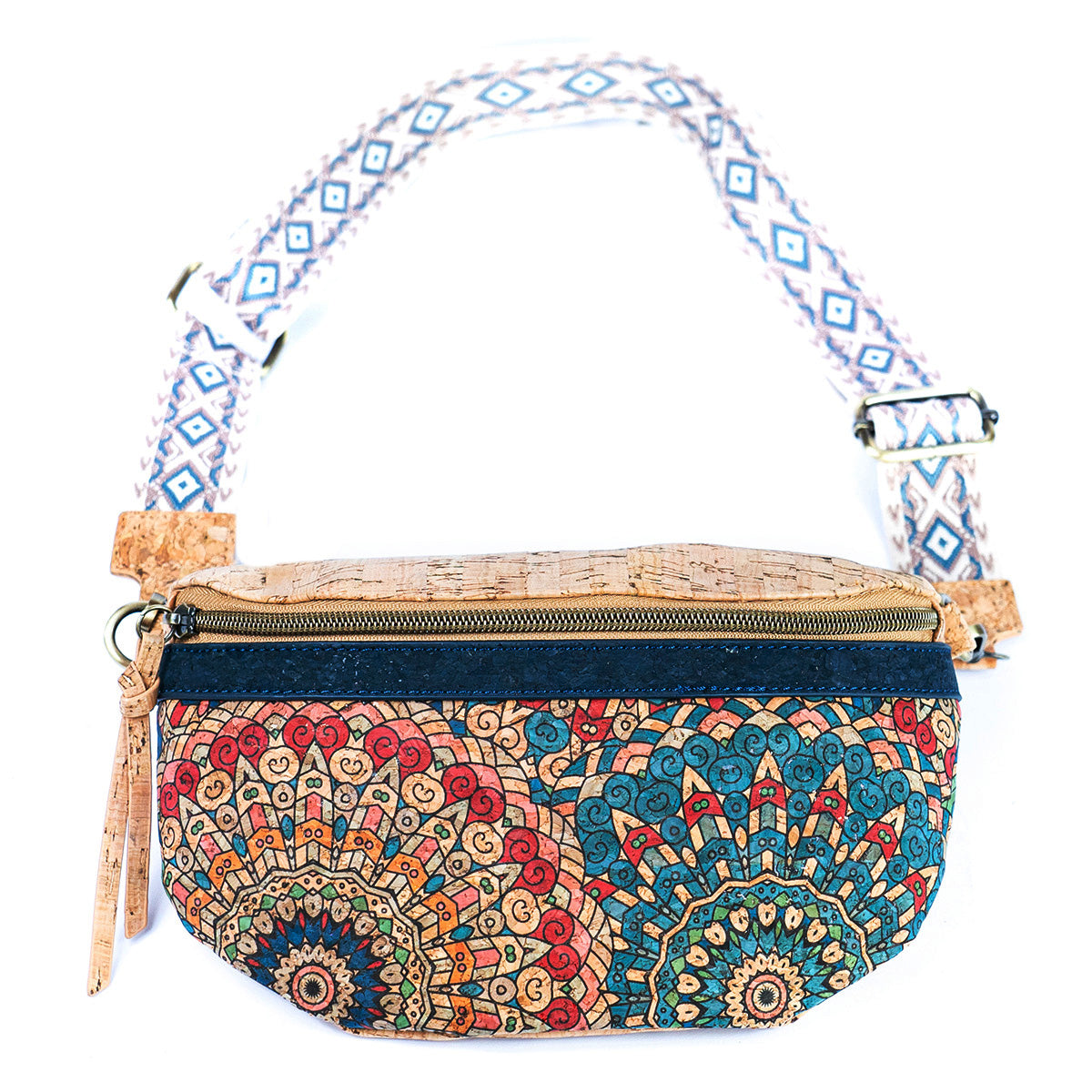 Damen Sling Bag aus Kork Halbmondförmige Brusttasche Vegan Gürteltasche mit abnehmbarem bunt gemustertem Schultergurt breiter Baumwoll-Schultergurt veganes Leder Portemonnaie Handtasche