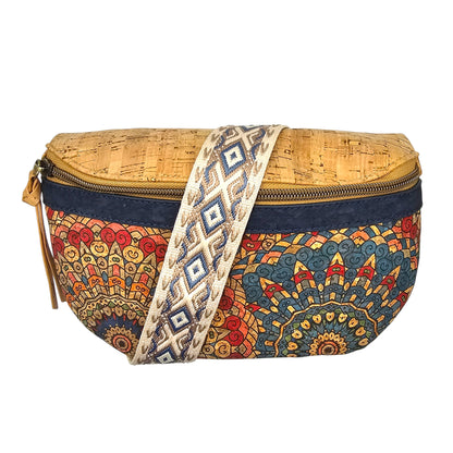 Damen Sling Bag aus Kork Halbmondförmige Brusttasche Vegan Gürteltasche mit abnehmbarem bunt gemustertem Schultergurt breiter Baumwoll-Schultergurt veganes Leder Portemonnaie Handtasche