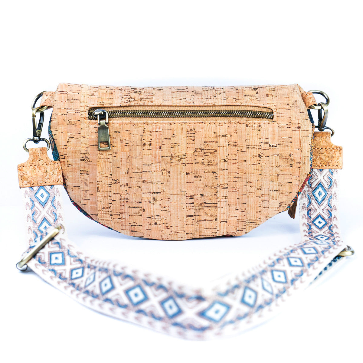 Damen Sling Bag aus Kork Halbmondförmige Brusttasche Vegan Gürteltasche mit abnehmbarem bunt gemustertem Schultergurt breiter Baumwoll-Schultergurt veganes Leder Portemonnaie Handtasche