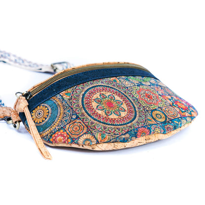 Damen Sling Bag aus Kork Halbmondförmige Brusttasche Vegan Gürteltasche mit abnehmbarem bunt gemustertem Schultergurt breiter Baumwoll-Schultergurt veganes Leder Portemonnaie Handtasche