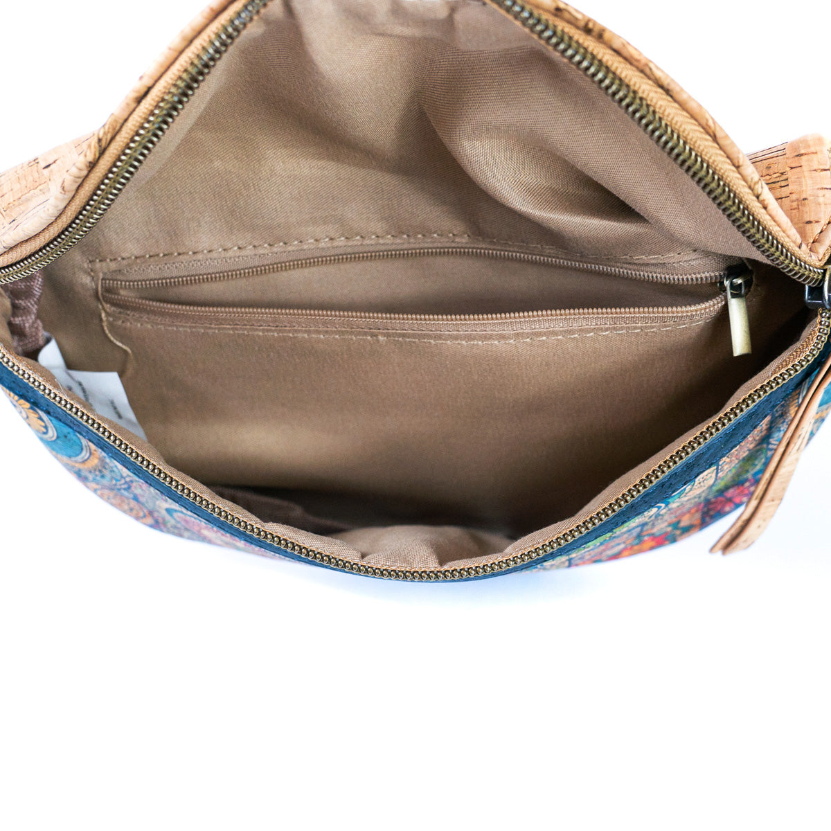 Damen Sling Bag aus Kork Halbmondförmige Brusttasche Vegan Gürteltasche mit abnehmbarem bunt gemustertem Schultergurt breiter Baumwoll-Schultergurt veganes Leder Portemonnaie Handtasche