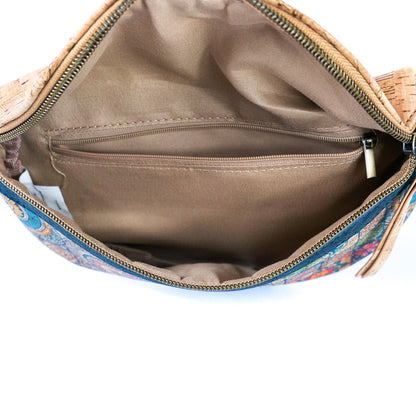 Damen Sling Bag aus Kork Halbmondförmige Brusttasche Vegan Gürteltasche mit abnehmbarem bunt gemustertem Schultergurt breiter Baumwoll-Schultergurt veganes Leder Portemonnaie Handtasche