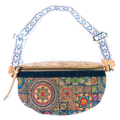 Damen Sling Bag aus Kork Halbmondförmige Brusttasche Vegan Gürteltasche mit abnehmbarem bunt gemustertem Schultergurt breiter Baumwoll-Schultergurt veganes Leder Portemonnaie Handtasche