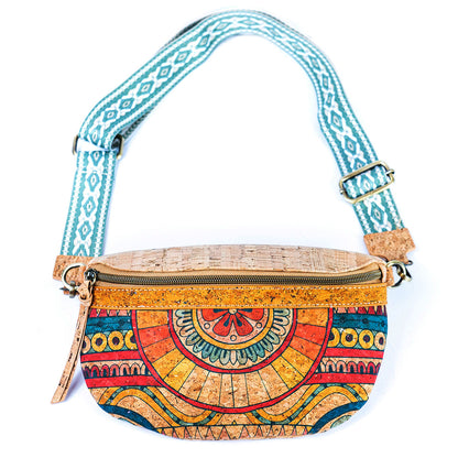 Damen Sling Bag aus Kork Halbmondförmige Brusttasche Vegan Gürteltasche mit abnehmbarem bunt gemustertem Schultergurt breiter Baumwoll-Schultergurt veganes Leder Portemonnaie Handtasche